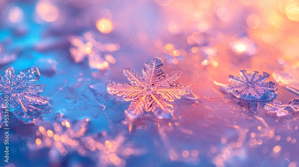 Poster delicate snowflake with soft bokeh lights