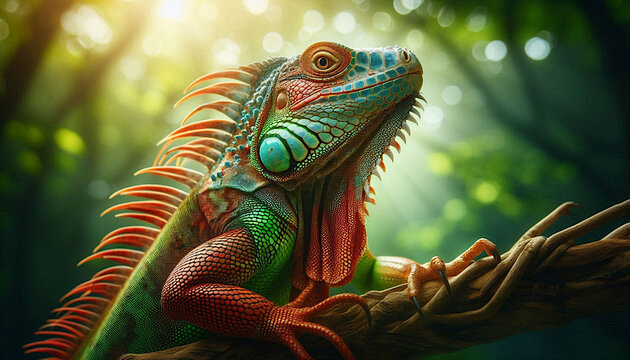 Colorful beautiful iguana closeup on tree branch in blur rain forest background
