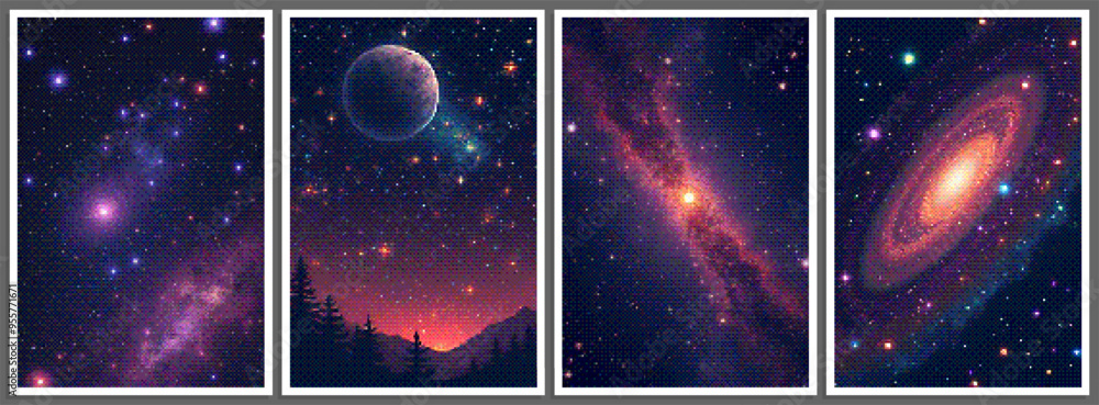 Wall mural set of pixelated posters with futuristic deep space scene in pixel art style with dithering effect. 