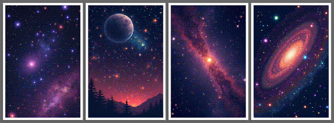 Set of pixelated posters with futuristic deep space scene in pixel art style with dithering effect. Retro space background for vintage cover, flyer, magazine or banner. Vector 8-bit illustration © 3d_kot