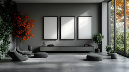 Modern living room with minimalist decor and natural elements.