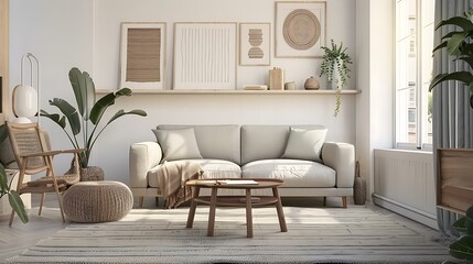 3D mockup of a stylish Scandinavian living room with minimalist furniture, light wood accents, and cozy textiles, featuring a gray sofa, white walls, and a large window letting in natural light
