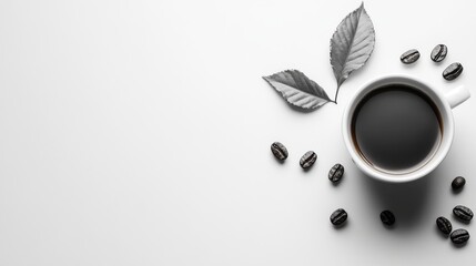 Obraz premium Black Coffee with Coffee Beans and Leaves on White Background