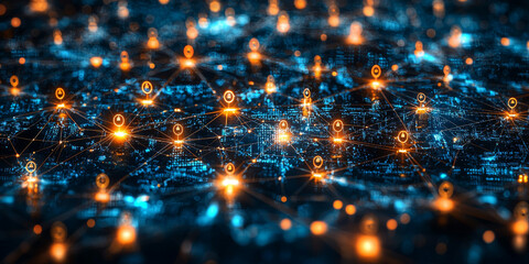 Abstract digital network with glowing nodes and lines connecting them.  The network symbolizes communication and connectivity in a digital world. 