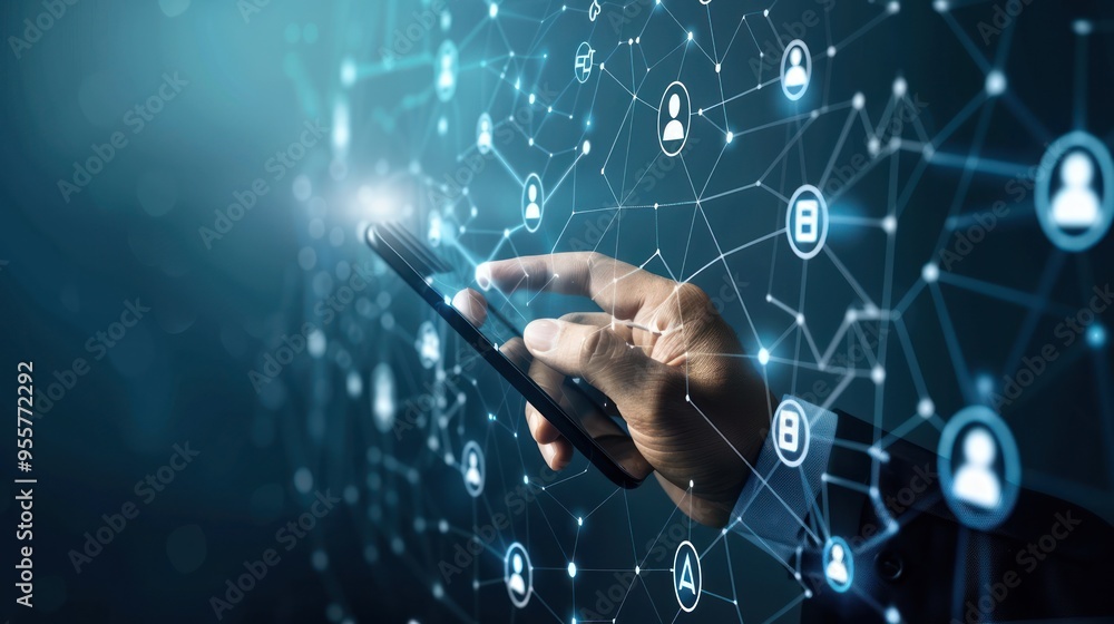 Poster hand using smartphone connected to digital network