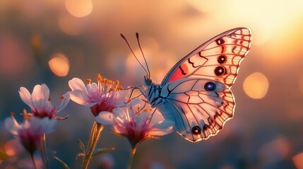 delicate butterfly perched on a blooming flower bathed in warm golden hour light capturing intricate wing patterns and soft petals