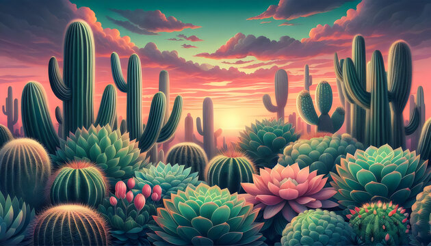 Vibrant Desert Landscape &ndash; Cacti and Succulents in Sunset Hues for Mural Art