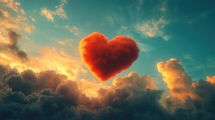 delicate red heart floating in serene sky minimalist composition soft clouds pastel hues ethereal atmosphere symbolism of love dreamy aesthetic
