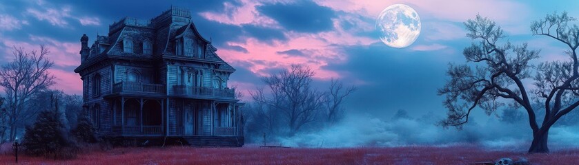 Fototapeta premium Ghostly mansion with a chilling moonlit scene, flat design, side view, haunted souls theme, 3D render, colored pastel