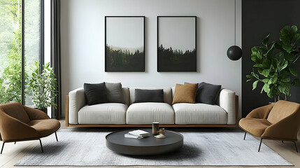 Modern living room with stylish furniture and greenery.