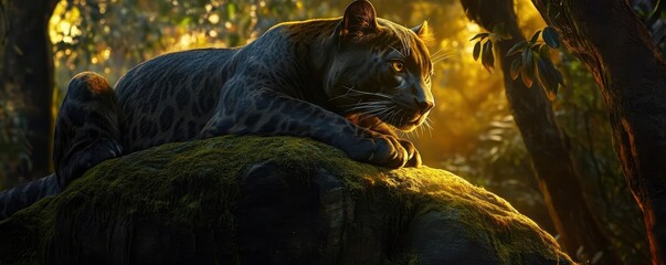 Mysterious panther resting atop a mossy rock, illuminated by dappled sunlight through the canopy close up, sunset theme, realistic, composite, ancient forest backdrop