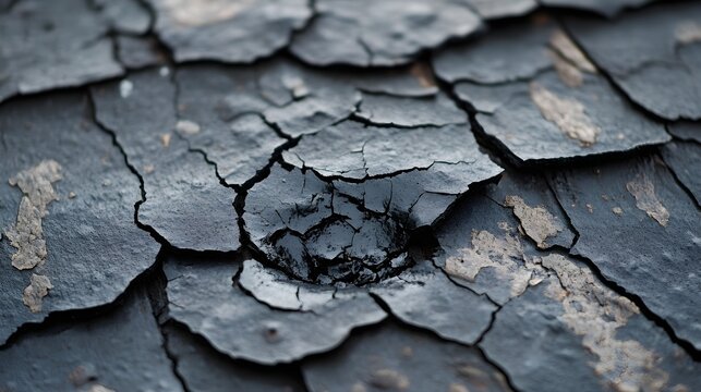 High-resolution close-up of a cracked shingle with a deep hail dent, set against a smooth, contrasting background for clarity