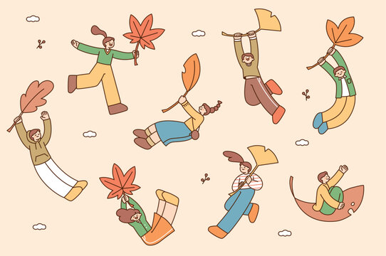 People are floating happily, hanging from large autumn leaves. outline simple vector illustration.