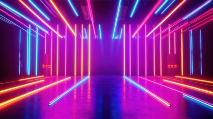 Stage with layered light beams, vibrant neon colors, dynamic and high-energy vibe