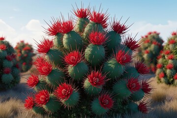 3D Illustration of Vibrant Banksia Spinulosa Bush with Spines and Crimson Blooms