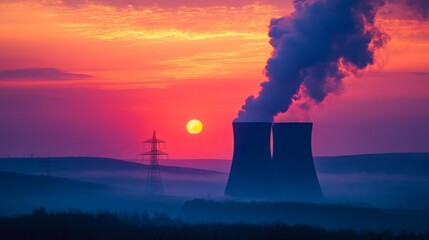 Fototapeta premium Industrial Sunset with Cooling Towers