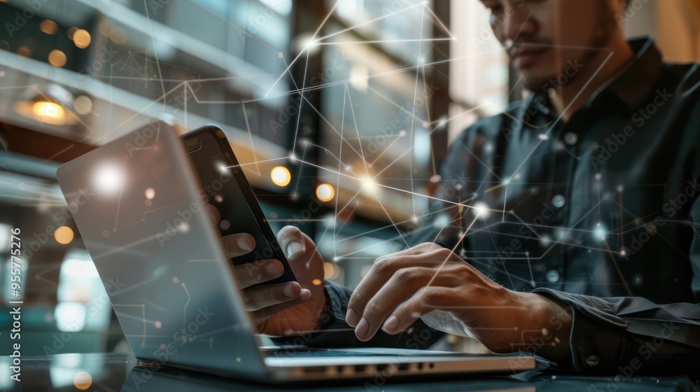 Aufkleber man working on laptop with abstract network connections