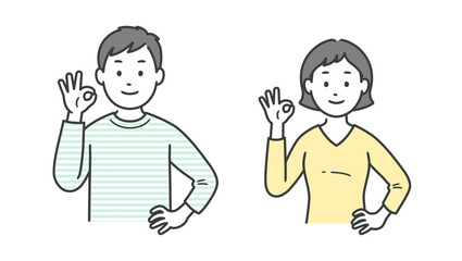 OKポーズをして腰に手を当てる若い男女の上半身イラスト
