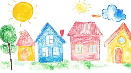Colorful Child's Drawing of Houses