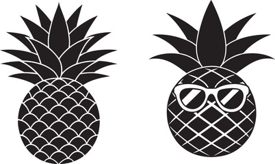 Obraz premium Cute cartoon pineapple silhouette with sunglass isolated on white. Summer vacation concept. Tropical Pineapple fruit Clipart.