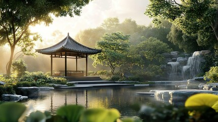 Naklejka premium Elegant garden pavilion with beautiful design ideal for serene photos