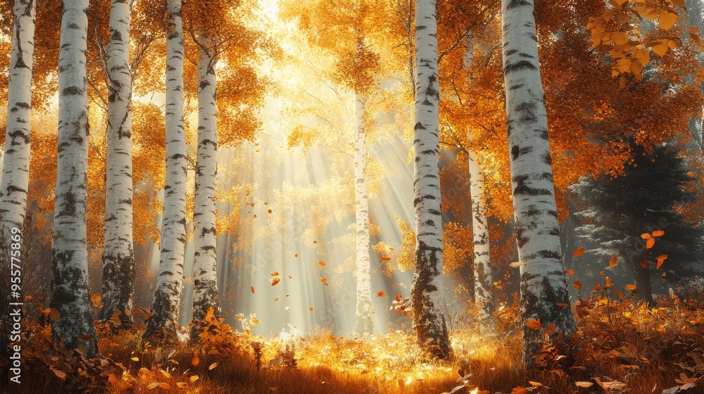 Poster sunlight filtering through birch trees in an autumn forest