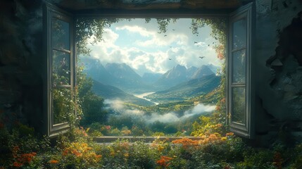 dreamy window view of a fantastical landscape merging reality and imagination with surreal elements floating beyond the window frame
