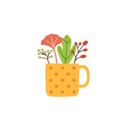 Cup with tea or wine and spices, hot drink on a cold day. Herbal autumn tea. Isolated vector illustration in flat design