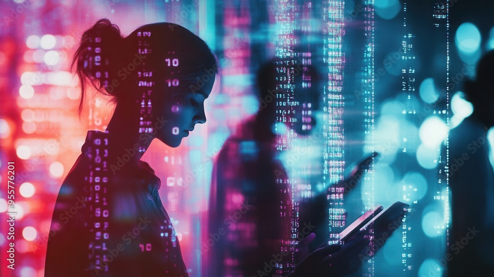 Poster individuals lower their heads, focused on smartphone screens, surrounded by glowing numbers and code
