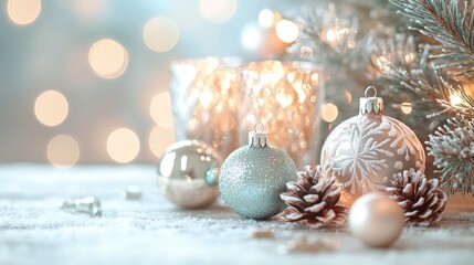 Festive Christmas Scene with Snowflakes, Glass Balls, and Bokeh Lights on Pastel Background. Seasonal Celebration and Winter Wonderland Aesthetics.
