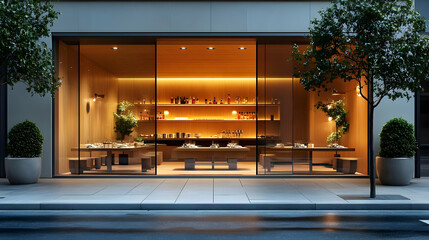 Modern restaurant facade with warm lighting and elegant design.