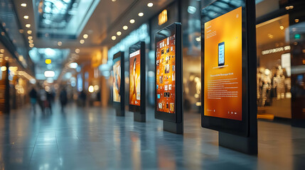Modern shopping mall corridor with digital displays.