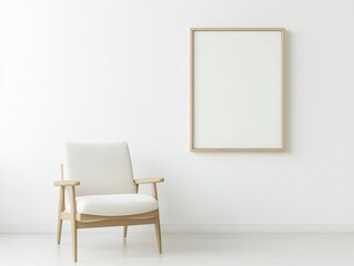 A minimalist room with a beige armchair and an empty wooden frame on a white wall