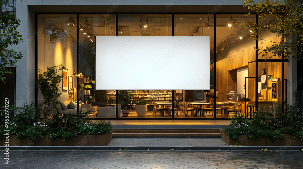 Poster Modern storefront with a large blank display and inviting interior.