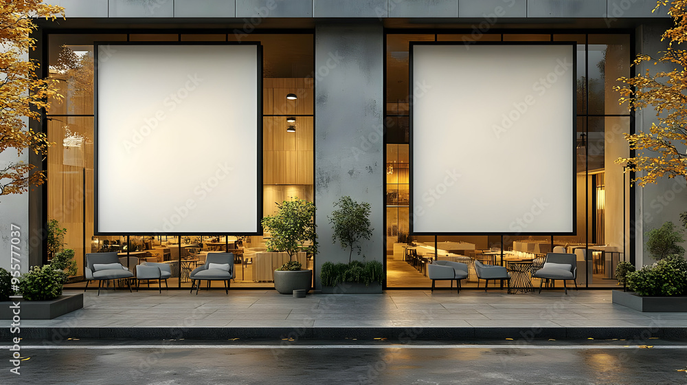 Poster modern storefront with empty displays and stylish seating area.