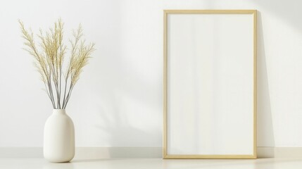 A minimalist scene with a blank wooden framed picture and a simple white vase holding delicate dried flowers
