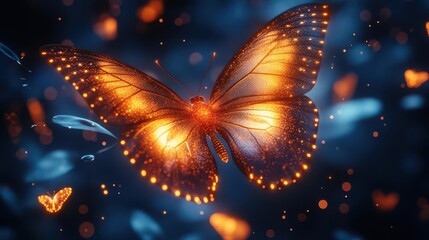 dynamic digital transformation concept visualized as glowing butterfly lifecycle stages morphing from cocoon to majestic creature against vibrant blue tech background