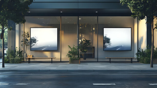 Modern storefront with digital displays and greenery.