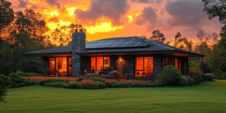 Modern brick home with a solar panel roof glows in the warm light of sunset.