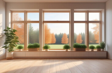Fototapeta premium abstract empty hall, light timber floor, big windows, natural views, fresh plants, no people