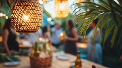 Close-up of eco-friendly party decorations made from natural materials, with people mingling in the background.