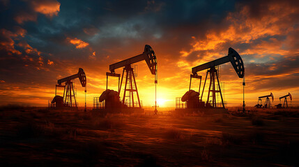 Oil pumps silhouetted against a vibrant sunset sky.