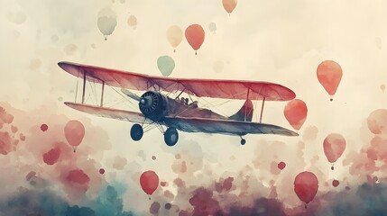 Elegant vintage plane navigating through a sea of floating balloons, watercolor tones softly merging into the open sky