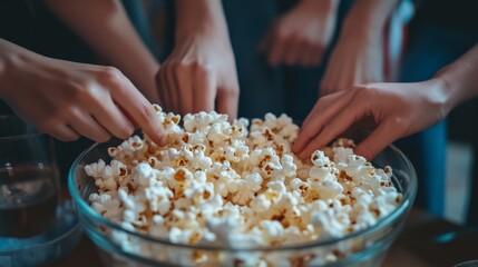 Close-up of friends hands reaching into a bowl of popcorn during a movie night, the focus on the snacks and fun.