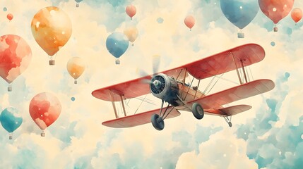 A vintage biplane gliding through a sky filled with colorful balloons, soft watercolor hues blending in the background, creating a dreamy atmosphere