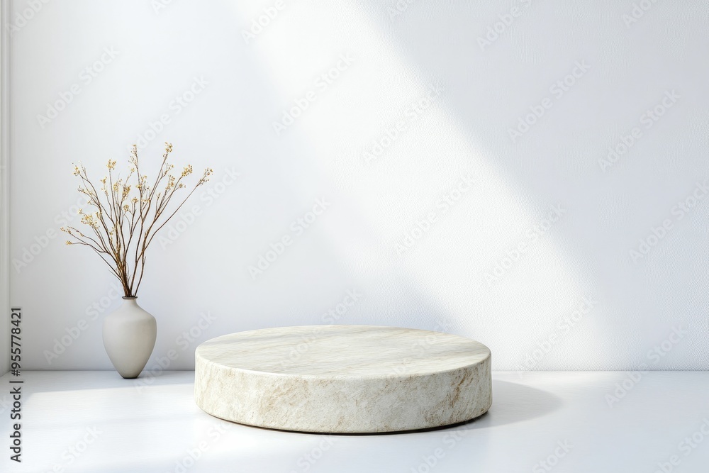 Canvas Prints Minimalist interior featuring a round marble platform with a vase of dried flowers in soft natural light