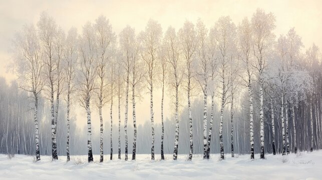 A Row of Birch Trees in a Snowy Forest