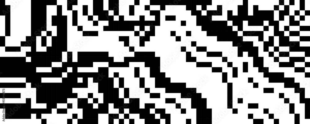 Poster Black and white pixelated wavy texture. Dithered abstract random background. Digitalized backdrop for banner, poster, flyer, brochure, booklet, leaflet. Abstract rasterized overlay wallpaper. Vector