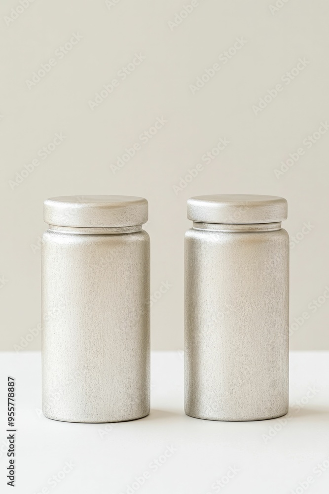 Poster Two sleek silver containers stand side by side on a minimalist background