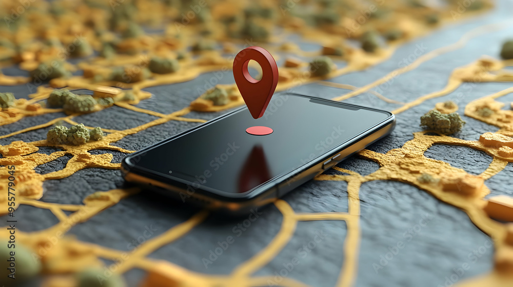 Poster smartphone with location marker on a textured surface.